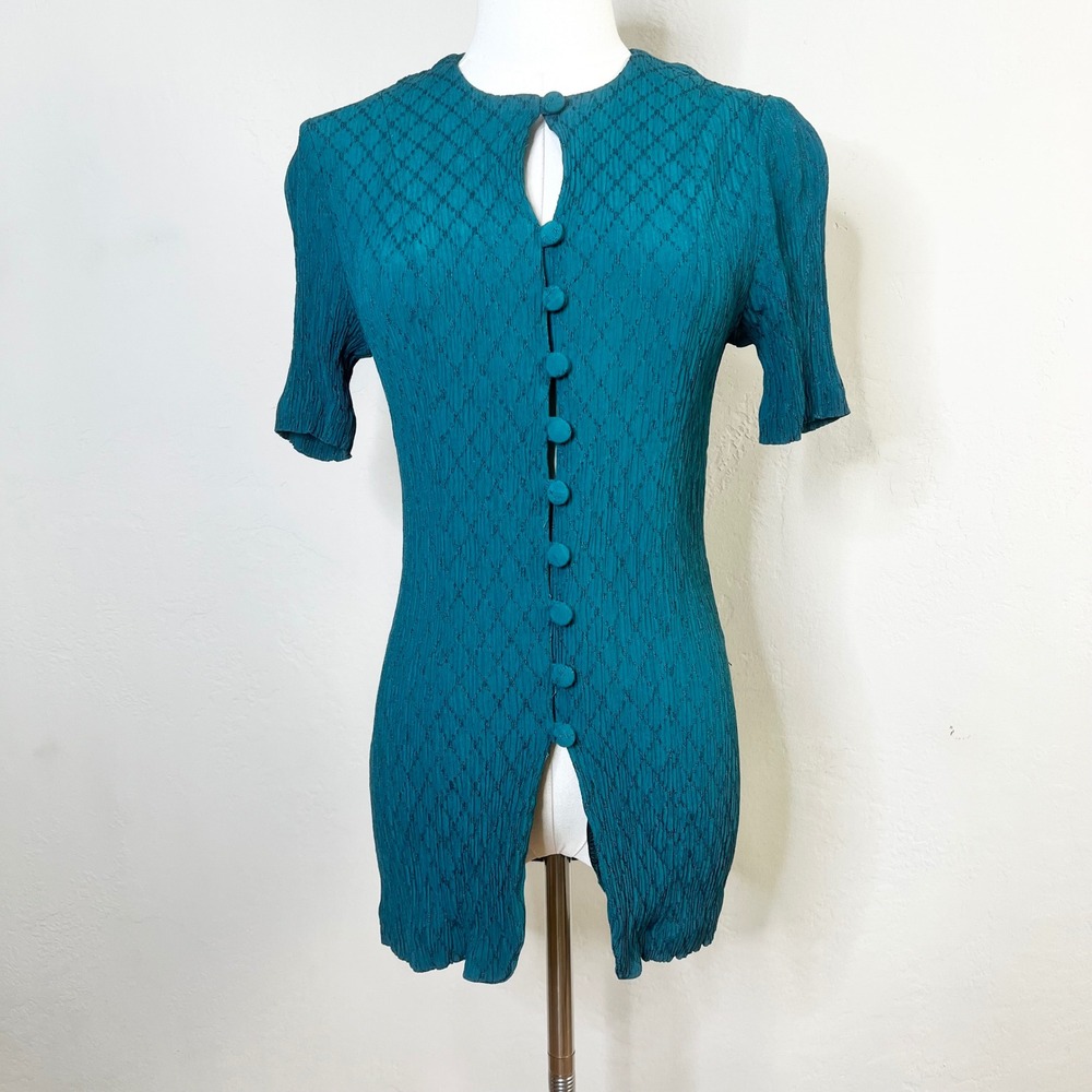 Vintage Sheri Martin Teal Diamond Textured Button Front Short Sleeve Top Size 6‎